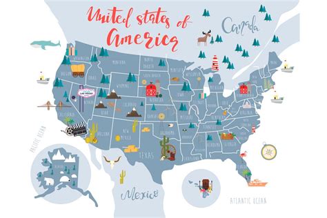 United States Of America Map With State Symbols Art Print Poster 24x36