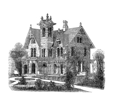 Victorian Mansion 1859 Victorian Homes Black And White Illustration