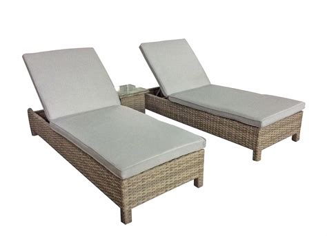 Sarena Pair Of Rattan Sun Loungers With Table In Natural With Beige Cu