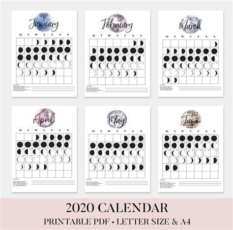 2020 Lunar Phase Calendar 2020 Moon Calendar 2020 Full Moon Etsy