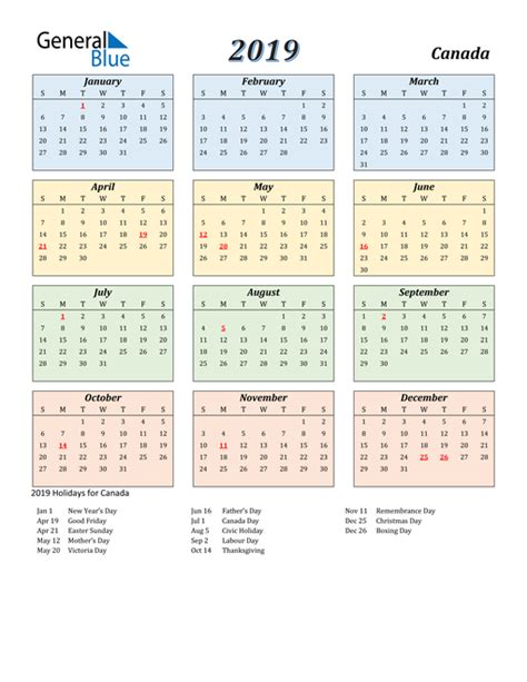 2019 Canada Calendar With Holidays