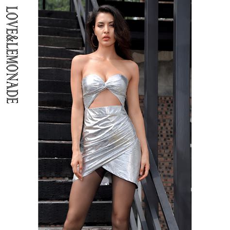 Love And Lemonade Sexy Strapless Cut Out Silver Faux Leather Bodycon Party Dress Lm81452dresses