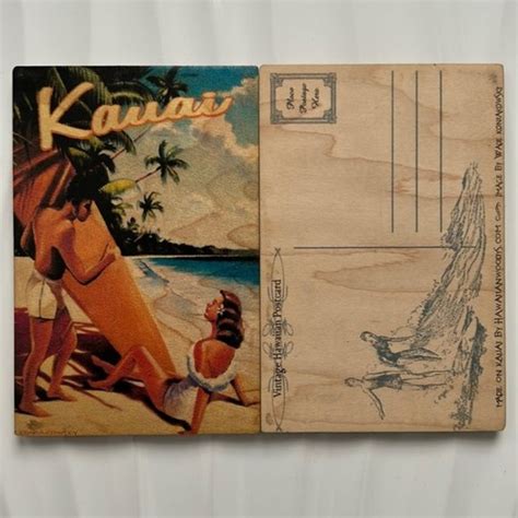 Hawaiin Woodys Art Set 4 Wooden Postcard Pinup Bikini Hula Girl Beach Palm Kauai Hawaiian