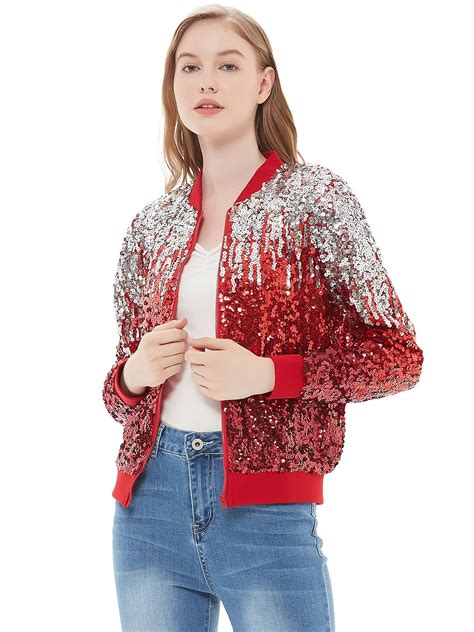Womens Sequin Long Sleeve Front Zip Jacket With Ribbed Cuffs