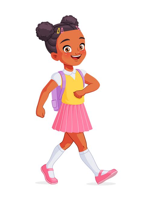Happy African American Girl Going To School Cartoon Vector Illustration