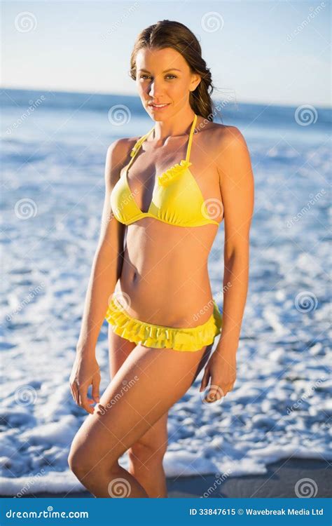 Mujer Atractiva En El Bikini Que Presenta En El Mar Imagen De Archivo Imagen De Orilla Ocio