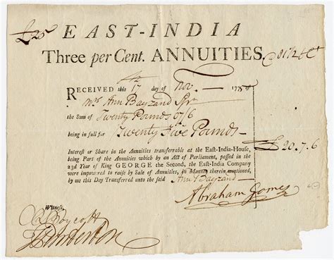 Lot British East India Company Stock Purchased By Female Investor In 1775