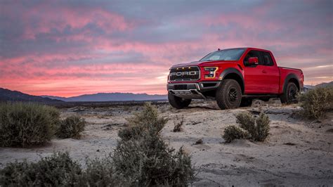 Red Ford F 150 Raptor Pickup Car With Sunset Sky Background 4k 8k Hd