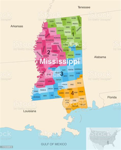vetores de condados estaduais do mississipi coloridos por distritos congressionais mapa vetorial