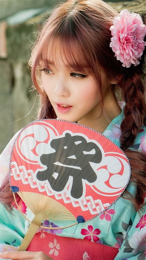 Beautiful Japanese Girl Fan Braid Pink Flower Kimono 750x1334