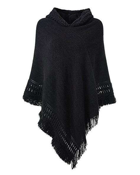 Womens Ponchos Shawls Capes Hooded Knitted Wrap Coats Tops Black