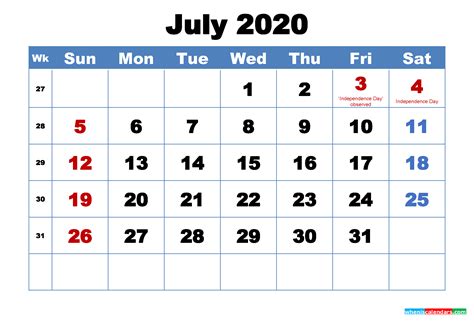 Free Printable July 2020 Calendar With Holidays