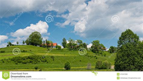 Green Hill With Bushes Trees And House Stock Photo Image Of Meadow