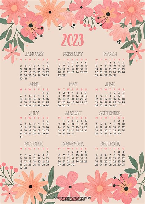 Free Printable Calendar Floral Pink 2023