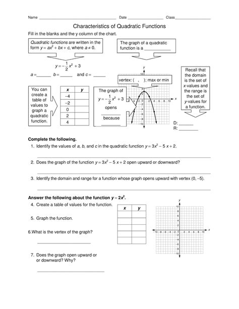 Identifying Key Features Of Quadratic Functions Worksheets A