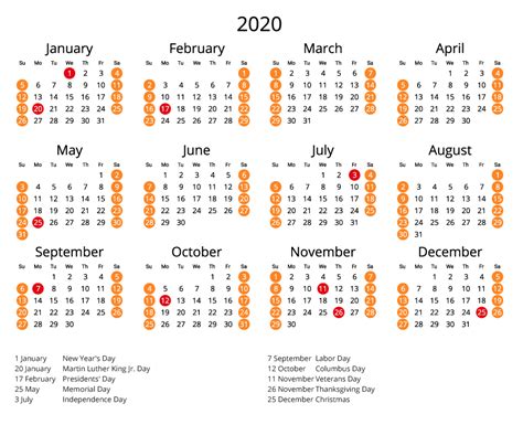 2020 Calendar With Us Holidays 365 Date