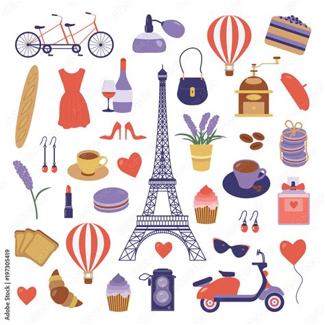 Paris Icon Set Eiffel Tower Tandem Bicycle Air Balloon French