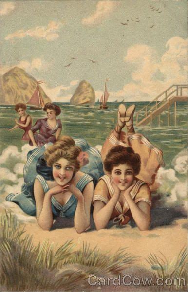 Girls At The Beach Antique Postcard Bathing Beauties Postcard