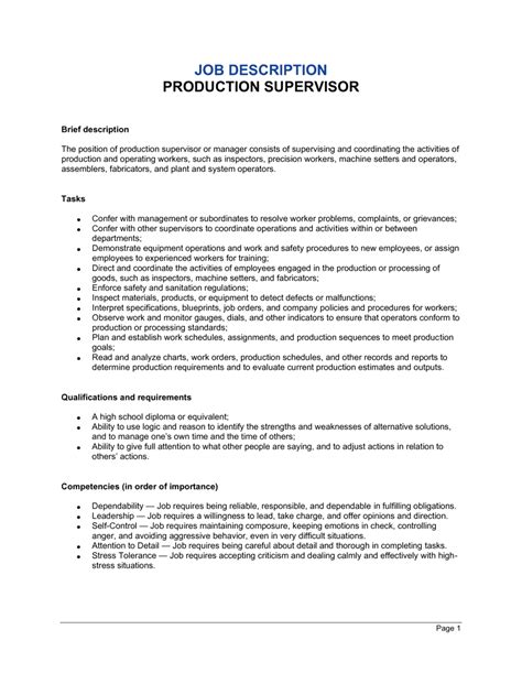 Production Supervisor Job Description Template By Business In A Box