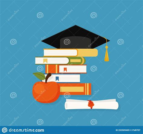 Mortarboard Cap On Piles Of Textbooks And Diploma Scroll Stock Vector