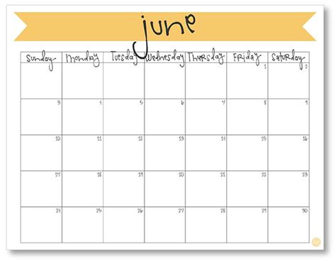 June 2018 Monthly Calendar Template Printable