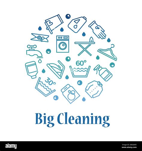 Big Cleaning Icons Round Concept Housework Washing Line Icons On White