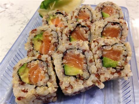 Salmon Avocado Sushi With Red Quinoa And Brown Rice Stock Image