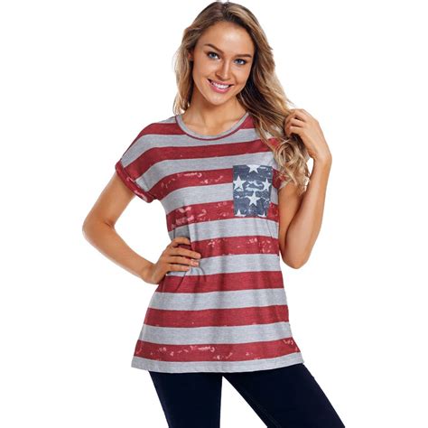 Women Summer O Neck Short Sleeves T Shirts Plus Size American Flag Patriotic T Shirts Female