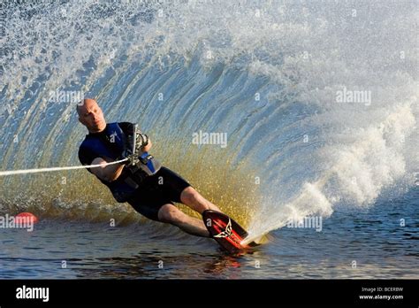 A Man Practicing Water Ski Slalom In A Lake In Sweden Stock Photo Alamy
