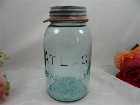 1900s Atlas Strong Shoulder 1 Quart Aqua Blue Mason Jar Canning Jar