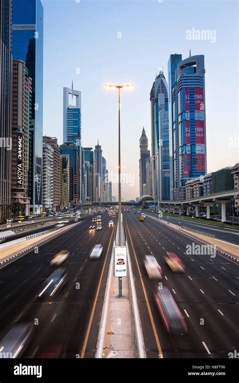 Traffic On The Sheikh Zayed Road Skyline Downtown Dubai Stock Photo
