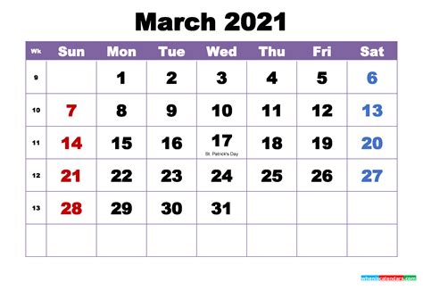 Free Printable March Calendar 2021 With Holidays Firdausm Drus