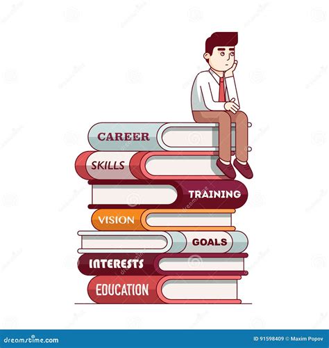 Man Sitting On Books Pile Thinking About Future Stock Vector