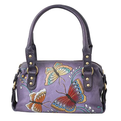 Womens Butterfly Handbag Hand Painted Purple Leather Satchel Purse
