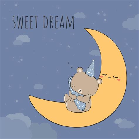 Cute Teddy Bear Sleeping On The Moon At Night Cartoon Doodle Card