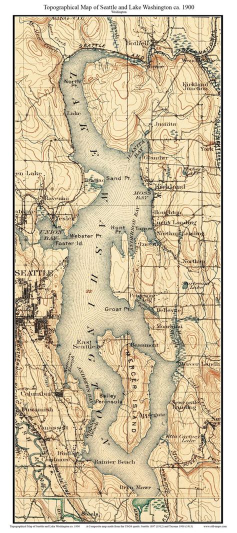 Lake Washington 1900 Custom Usgs Old Topo Map Washington State 30x30 Old Maps