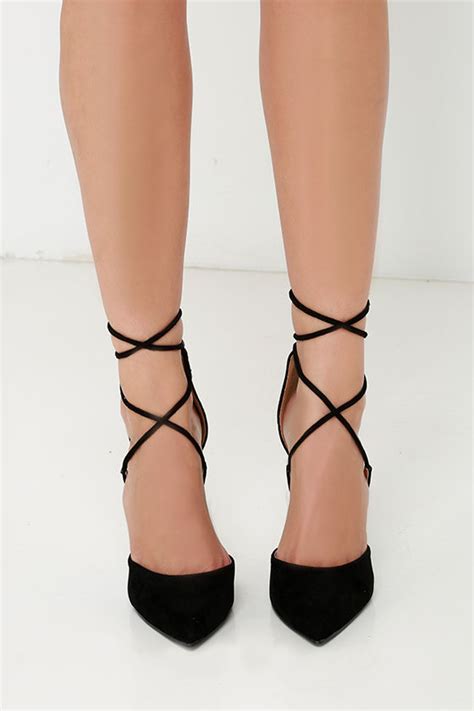 Cute Black Heels Lace Up Heels Caged Heels 3600