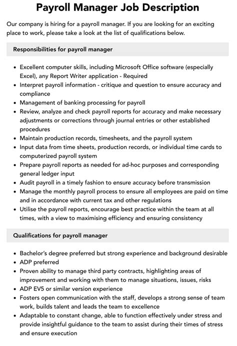 Payroll Manager Job Description Velvet Jobs