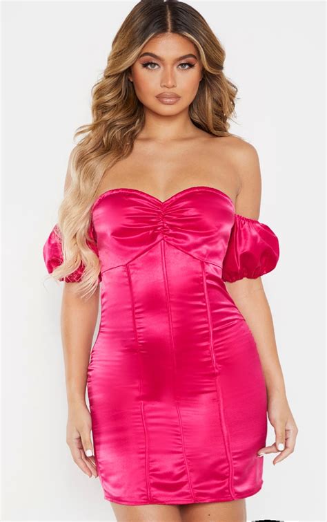 Pink Satin Binding Detail Bardot Bodycon Dress Prettylittlething