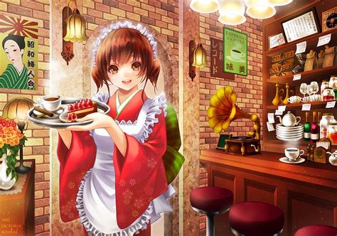 Hd Wallpaper Anime Girl Waitress Japanese Clothes Apron Big Smile