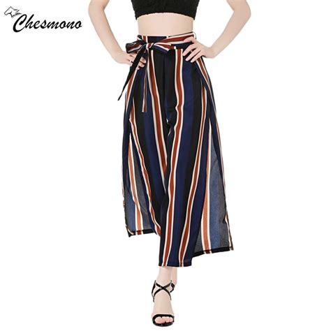 Spring Summer Sexy Women Slit Pants Multicolor Striped Mid Waist Loose Trousers Waist Self