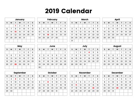 2019 Us Calendar 11x85 All Year Calendar Printable Yearly Calendar