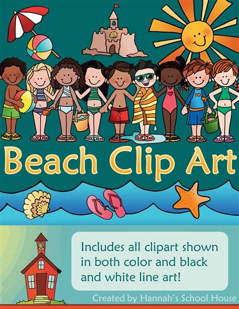 The Beach Clip Art Poster Is Shown With Children Standing In Front Of
