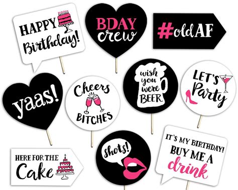 Funny Adult Birthday Printable Photo Booth Props Pink Black And White 10 Hand Lettered Signs