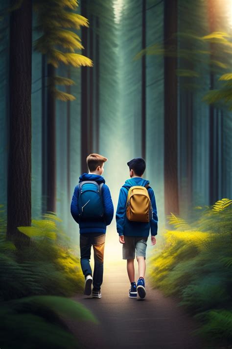 Lexica Two Teenage Boys With Treasure Walking In Forest Tall Trees
