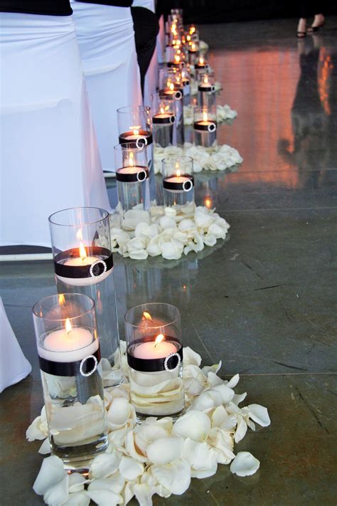 Wedding Decor 3 Glass Cylinders With Floating Candles And Black Ribbon