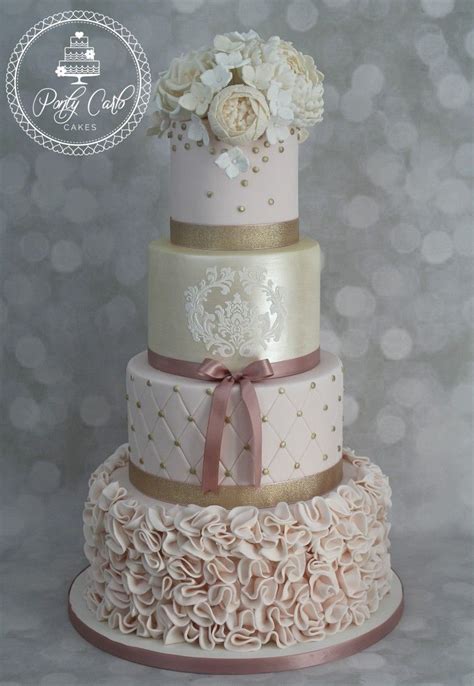 Vintage Blush Pink And Gold 4 Tier Ruffled Baroque Wedding Cake With