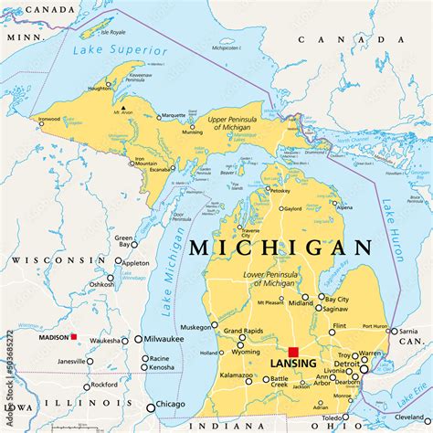 Michigan Mi Political Map With Capital Lansing And Metropolitan Area