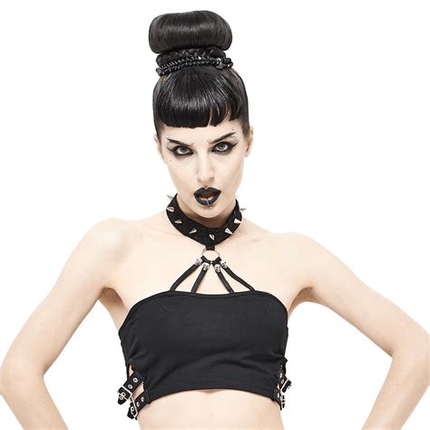 Sexy Crop Top With Buckles Gothic Style Black Top With Spikes