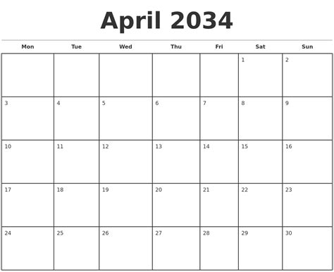 April 2034 Monthly Calendar Template